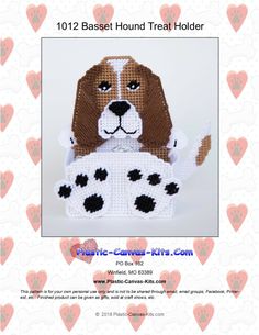 a crocheted dog is shown with hearts in the background and an ad for beagle