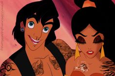 an animated image of a man and woman with tattoos on their arms, one holding the other's chest