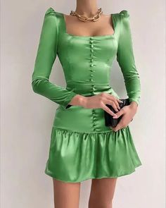 Lasaky - Casual Ruffle Puff Sleeve Dress Everyday Dresses Casual, Sleeve Ruffles, Bodycon Dress Casual, Button Decor, Chic Type, Puff Sleeve Dress, High Neck Long Sleeve, Outfits Winter, Puffed Sleeves Dress