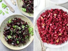 beet salad with parsley and walnuts in white bowl next to serving dish