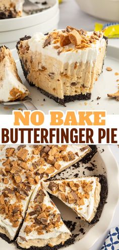 no bake butterfingering pie on a plate with the remaining slice cut out