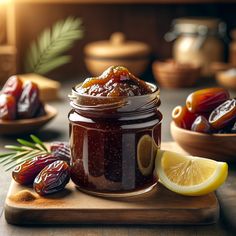 a wooden cutting board topped with a jar of jam next to sliced lemons and olives