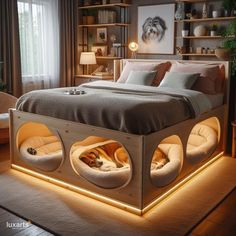 a dog is sleeping in his bed with lights