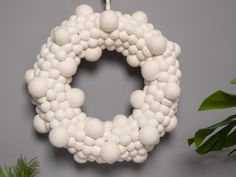 a white wreath hanging on the wall next to a potted plant and green leaves