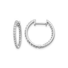 Set in stellar 14 karat white gold, these round hinged IN-and-Out hoop earrings flaunt a collection of 50 striking diamonds 3/5 carat (ctw) set along the curved gold foundation. A real crowd favorite. 3/5 Carat (ctw) Diamond In-and-Out Hoop Earrings in 14K White Gold (2mm thick) Size: one size.  Color: Silver.  Gender: female.  Age Group: adult. Diamond Hoop Earrings, 1 Carat, Diamond Studs, Types Of Metal, Gender Female, Gold Color, Age Group, Foundation, Hoop Earrings