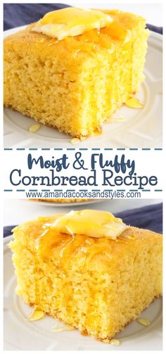 a close up of a piece of cornbread cake on a plate with the words, must & fully cornbread recipe