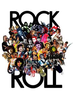 the words rock and roll are surrounded by images of people in different colors, sizes and shapes