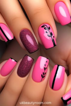 Bright pink and black nails - Pink is a sought-after nail color for its versatility across various occasions and skin tones. This post offers 21 diverse pink nail ideas, featuring delicate florals and a spectrum from light to vibrant shades. Explore options like sparkle, matte, glitter, and high gloss, perfect for different nail types and styles including almond, square, and acrylic. September Nail Ideas 2024, Pink And Black Nail Art, Pink Nail Ideas, Bright Pink Nails, Pink Nail Art Designs, Unghie Nail Art, Nail Types, Pink Manicure, Black Nail Art