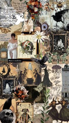 an altered collage with many different pictures and words on it's side, including flowers