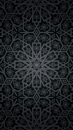 a black and white wallpaper with an intricate design in the center, on a dark background