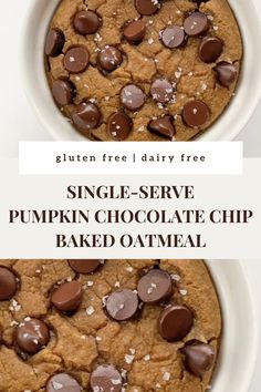 This healthy single serve pumpkin chocolate chip baked oatmeal is gluten free, dairy free, refined sugar free, high in fiber, plant based, and clean eating. In a small white ramekin baking dish is the freshly baked oats. Blended for a smooth cake-like texture with a pillowy soft and cracked top. Baked golden brown and risen, topped with chocolate chips and flakey sea salt for added flavor. Chocolate Chip Baked Oatmeal, Pumpkin Baked Oatmeal, Pumpkin And Chocolate, Protein Mug Cakes, Gluten Free Oatmeal, Pumpkin Chocolate Chip, Pumpkin Spice Syrup, Pumpkin Treat, Snack Treat