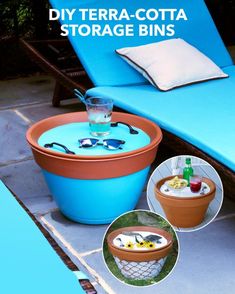 an outdoor table with a potted planter on it and two glasses sitting on top