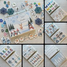 several pictures of christmas cards and magnets on a table