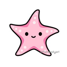 a pink starfish with white dots on it's face and eyes, against a blue background