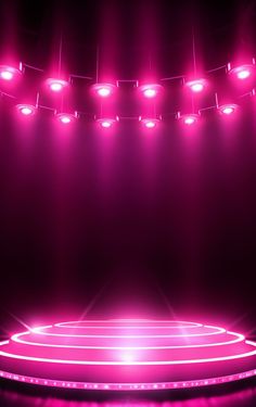 an empty stage with pink lighting and spotlights in the dark background, 3d rendering