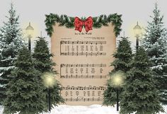 an old sheet with christmas music on it surrounded by evergreen trees and lights in the snow