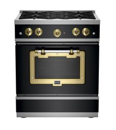 a black and gold stove with two burners on it's side, against a white background