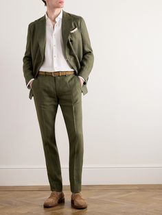 "The fabric is the first chapter of the story, " says Boglioli, the tale of these twill suit trousers begins with linen, which is known for its cooling, breathable nature. They're tailored for a slim fit and have unfinished hems so you can alter the length. Summer Wedding Men, Semi Formal Wedding Attire, Mens Linen Suit, Linen Suit Men, Wedding Guest Suits, Linen Suits For Men, Summer Wedding Suits, Summer Suits Men, Formal Wedding Attire