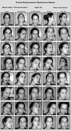 the facial expressions reference sheet is shown in black and white, with many different faces