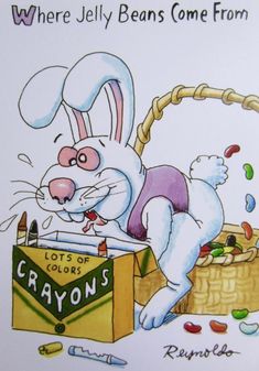 an image of a cartoon bunny with crayons in it's mouth and the caption where jelly beans come from