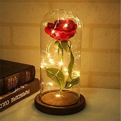 a red rose is in a glass dome with fairy lights on it and sits next to a book