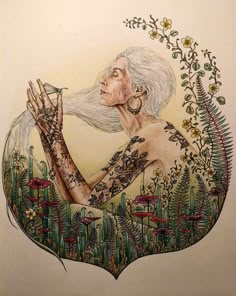 a drawing of a woman with white hair and tattoos