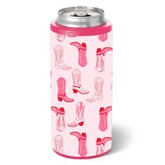 a pink can cooler with cowboy boots on it