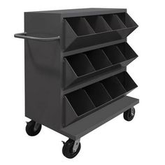 a black cart with four bins on wheels and three shelves in the middle,