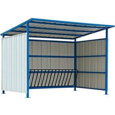 a blue and white metal shelter with doors open