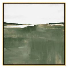 an abstract painting in green and white with a black frame on the wall above it