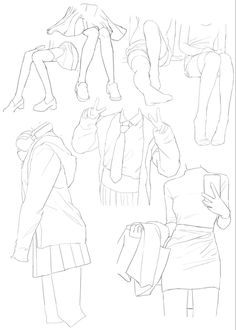 a line drawing of women's clothing and shoes in various positions, from the front to the back