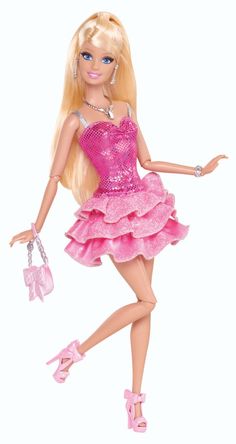 the barbie doll is wearing a pink dress and high heeled shoes, holding a purse