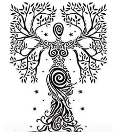 a drawing of a tree with swirls and stars in the branches, on top of it