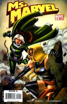 the cover to ms marvel, featuring two women in black and yellow outfits with green capes