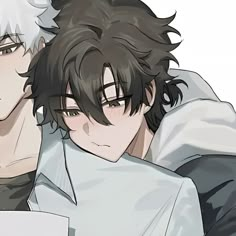 two anime guys with black hair and white eyes, one is holding his arm around the other