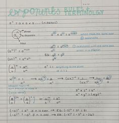 an exercise sheet with the formulas and notations for exponent's theory