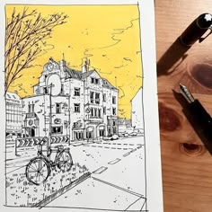 a pen and ink drawing of a building with a bicycle parked in front of it