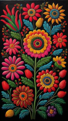 an image of colorful flowers painted on black paper with acrylic paint and colored pencils