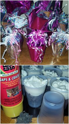 two pictures show different types of plastic cups and containers, one with whipped cream in them