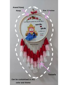 an embroidered wall hanging with tassels and other items labeled in the text above it