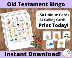 the old testament bingo game is on display with its matching cards and crayons