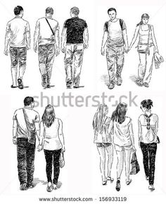 hand drawn people walking down the street