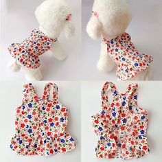 four different images of a dog wearing a floral dress and matching bib with an apron