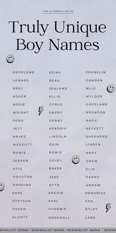 the poster for truly unique boy names is shown in black on a white paper background