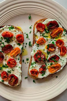 two pieces of bread with tomatoes and cheese on them are sitting on a white plate