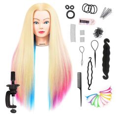 PRICES MAY VARY. 🌈What you can get:1*mannequin head synthetic hair,1* table clamp stand and packing in color box.All of the hair has been chemically washed and disinfected.please rest assured to buy. 🌈Long hair maniquin head length: 26"-28" (from the forehead to the back hair end); hair strand: 22".Training Head Hair Color:#Rainbow colorl-613.Training head Hair material: 100% synthetic fiber hair model head. 🌈Great Gifts:The colorful training head is suitable for hairdresser, hairstylist, hai Hairdressing Training, Hair Mannequin, Mannequin Head, Mannequin Heads, Head Hair, Hair Strand, Roots Hair, Rainbow Hair, Wig Accessories