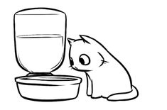 a cat drinking water out of a bowl next to a cup with the lid down