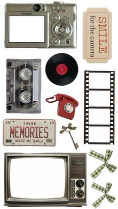 an assortment of old fashioned items including a tv, tape recorder, and other things