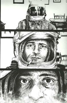 a black and white drawing of a man wearing a space suit