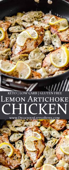 lemon artichoke chicken in a cast iron skillet with the title above it